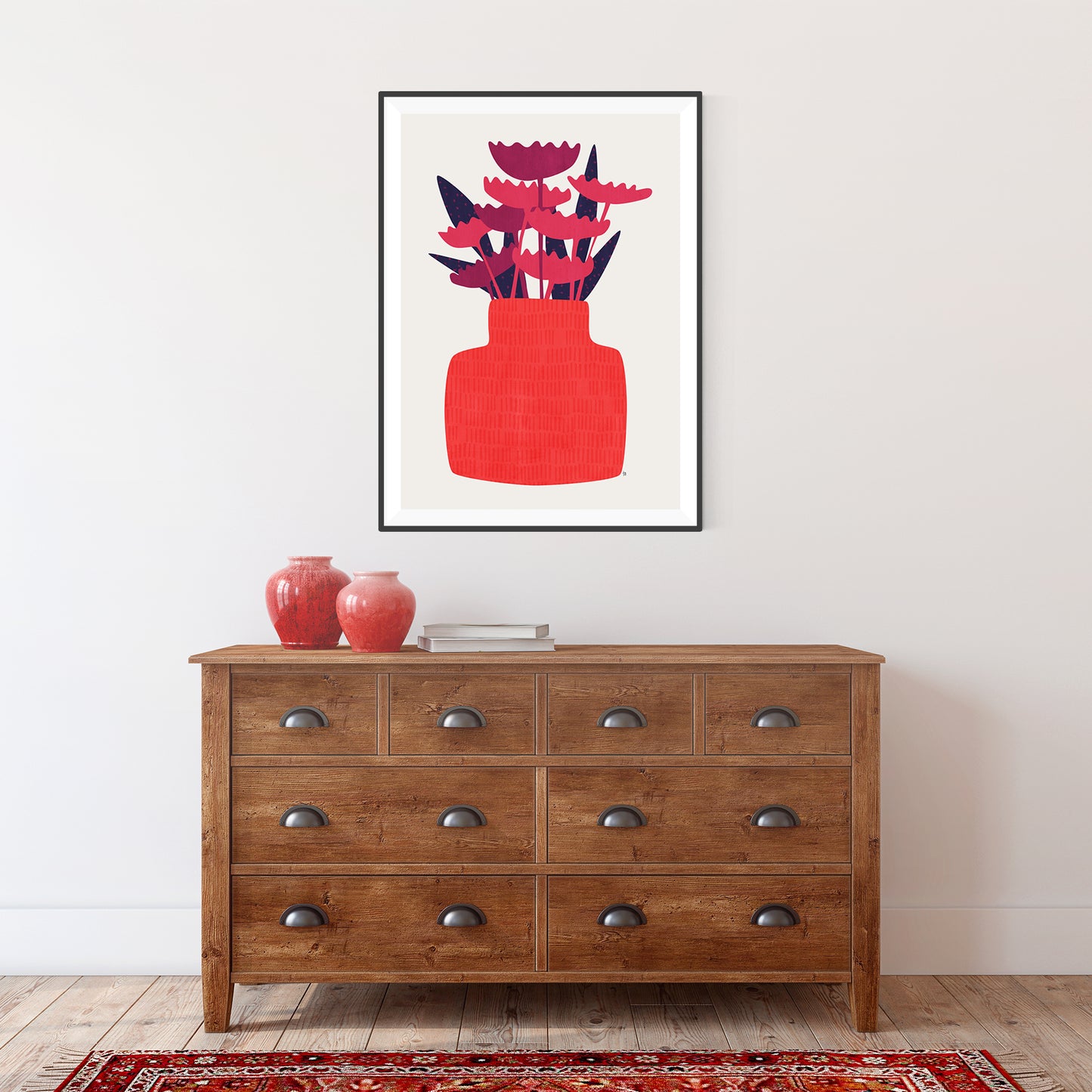 Pink Flowers Red Vase Fine Art Print